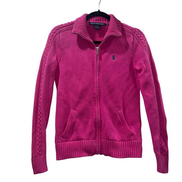 Vintage Ralph Lauren Sport Pink Zip-Up Cable Knit Jacket Size Medium - Picture 1 of 15